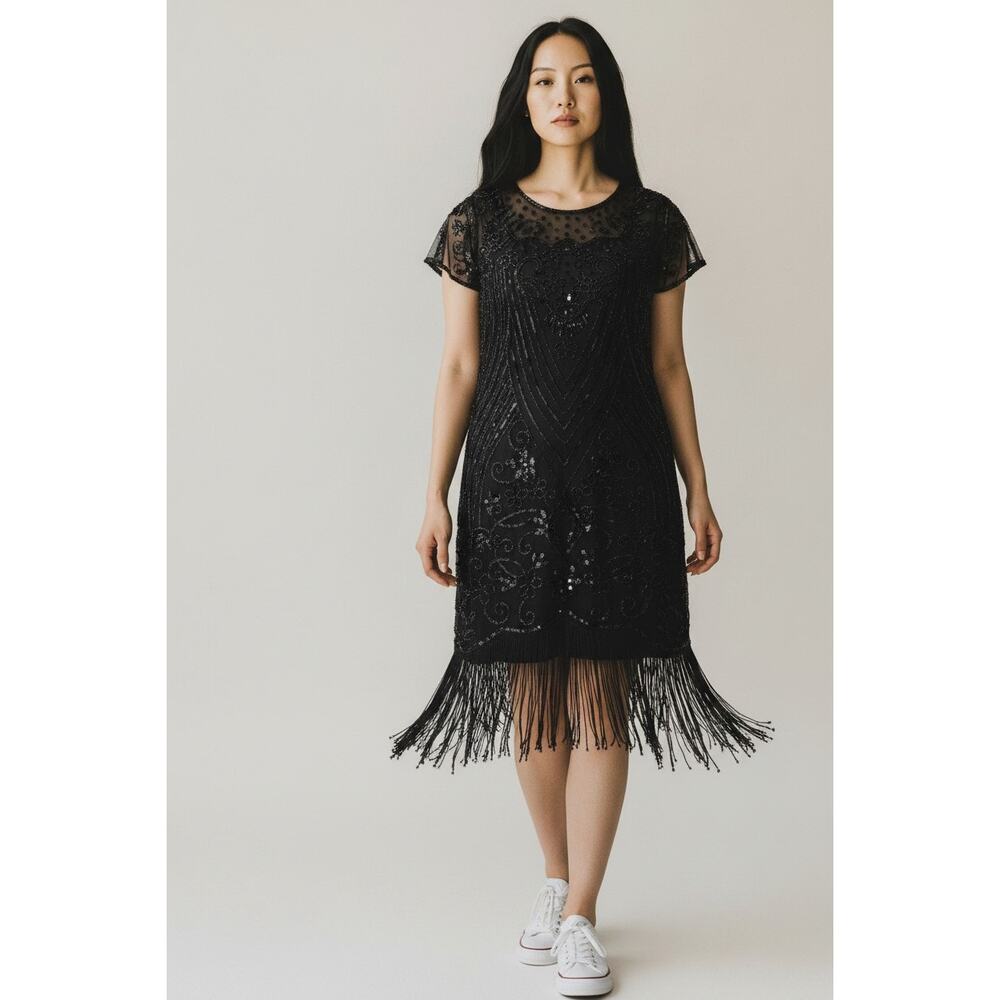 NWT Sweetv 1920s Flapper Gatsby Dress Womens Plus 3XL Black Sequin Beaded Fringe
